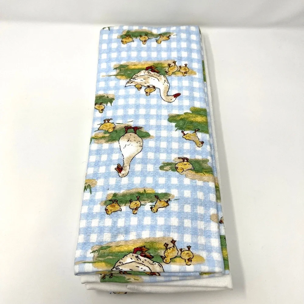 Martha Stewart Kitchen Towels (3) Ducks Blue Check White 100% Cotton NWT Goose